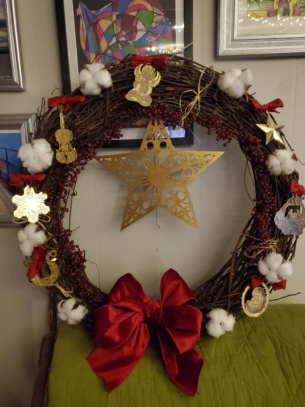 Handcrafted Festive Red Ribbon Cotton & Gold Ornament Holiday Wreath *Large 18